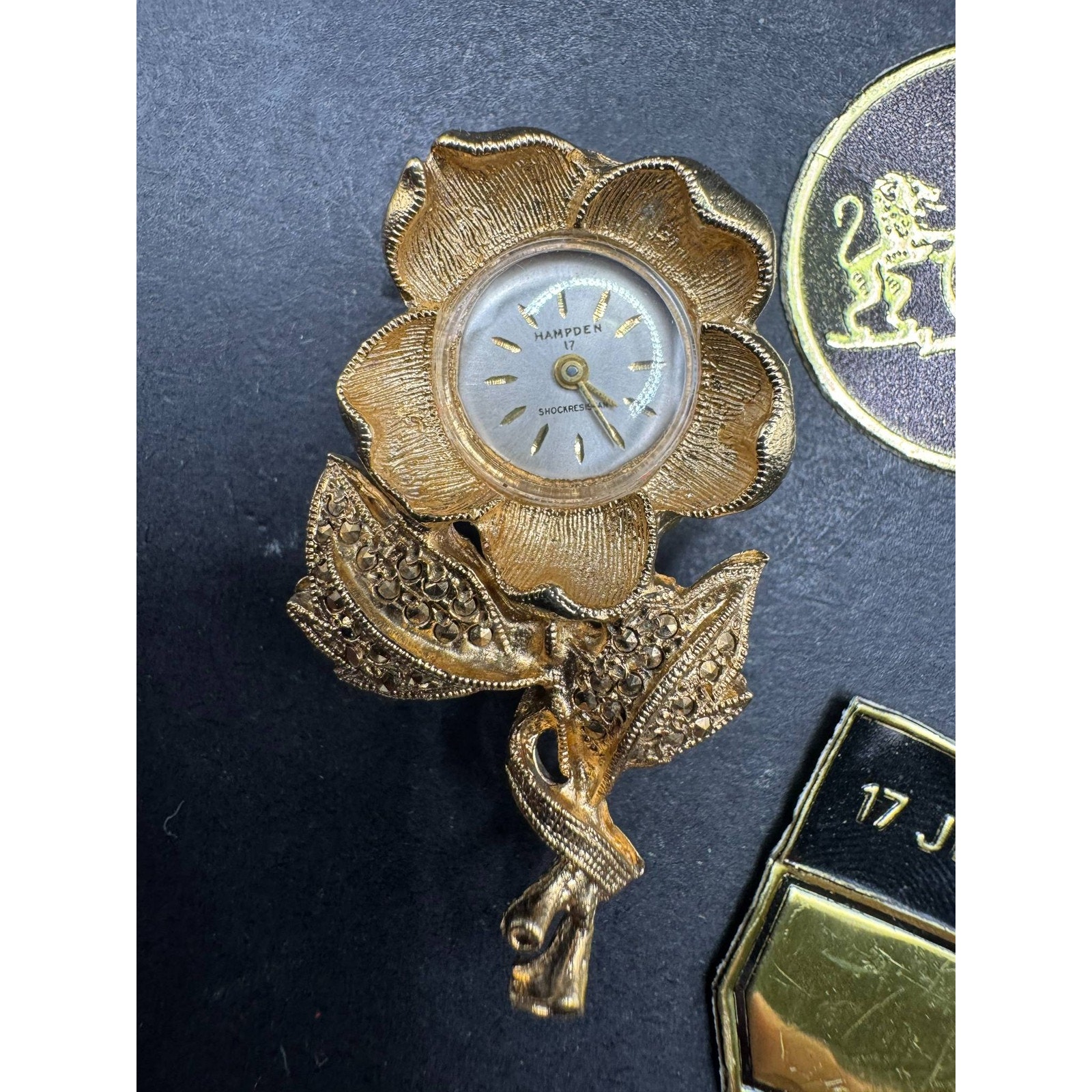 Vintage Hampden 17 Jewels Gold Tone Flower Lapel Watch Pendant Pin Brooch — image 2 of 8